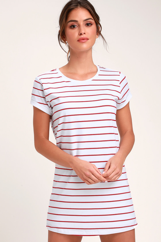 Chic White and Red Striped Dress - T ...